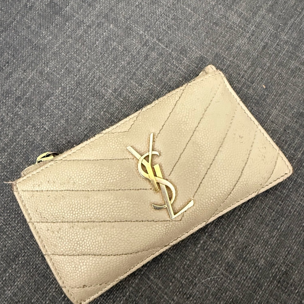 Yves Saint Laurent Gold-Tone Logo Beige Wallet